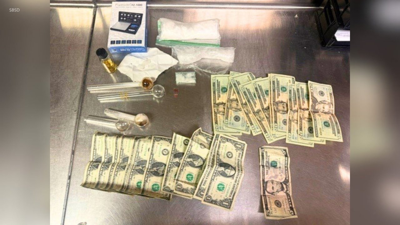 Deputies in Rancho Cucamonga located suspected methamphetamine, a scale, U.S. currency, and paraphernalia.