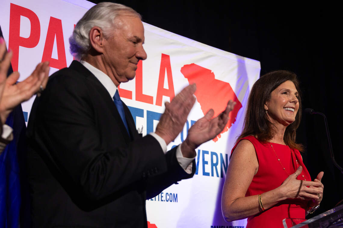 Lieutenant governor Pamela Evette accepts an endorsement from South Carolina Governor Henry McMaster in Columbia, South Carolina on Thursday, February 12, 2026.