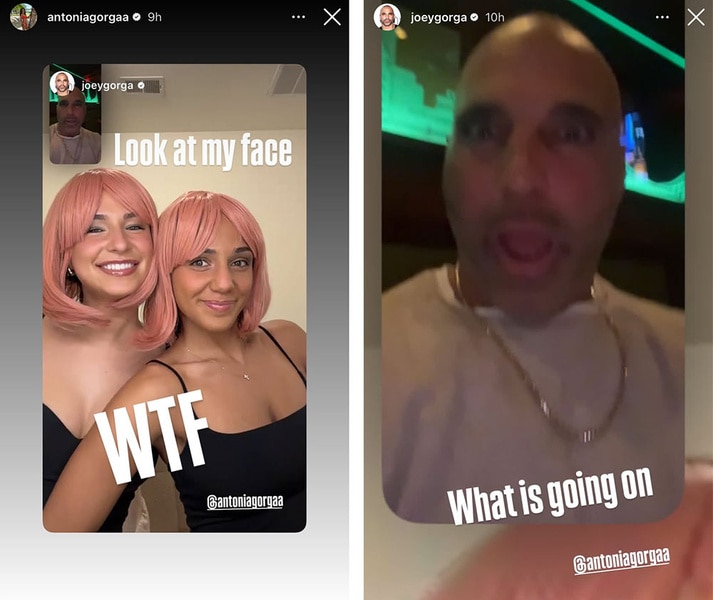 A split of Joe Gorga looking shocked by Antonia Gorga's pink hair.