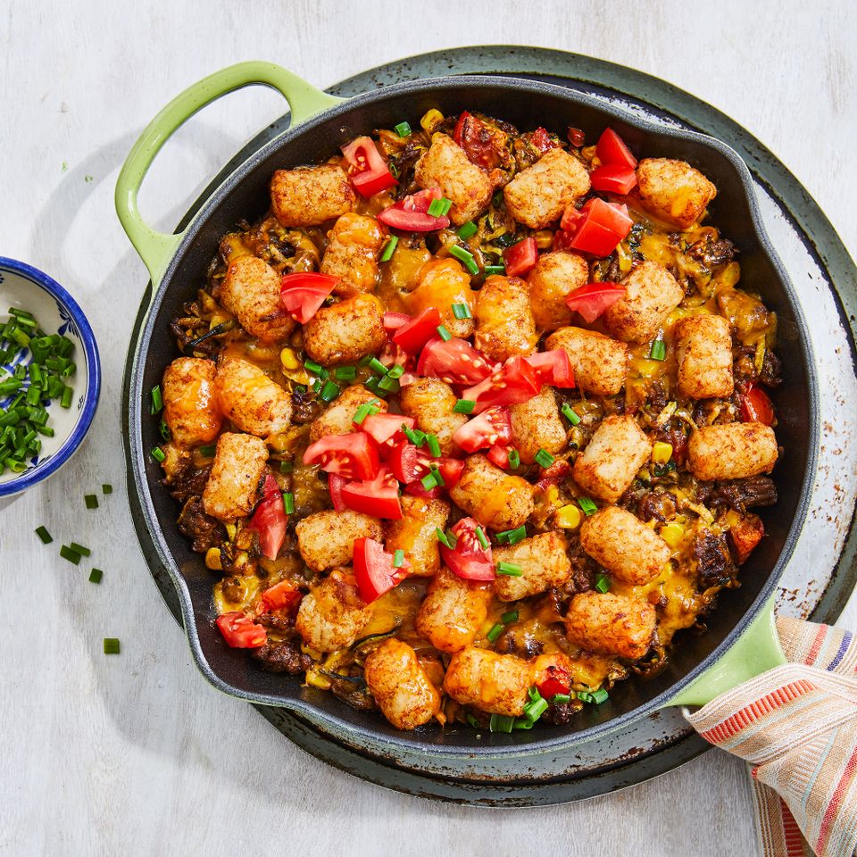Skillet Beef, Corn & Zucchini Tater Tot Casserole