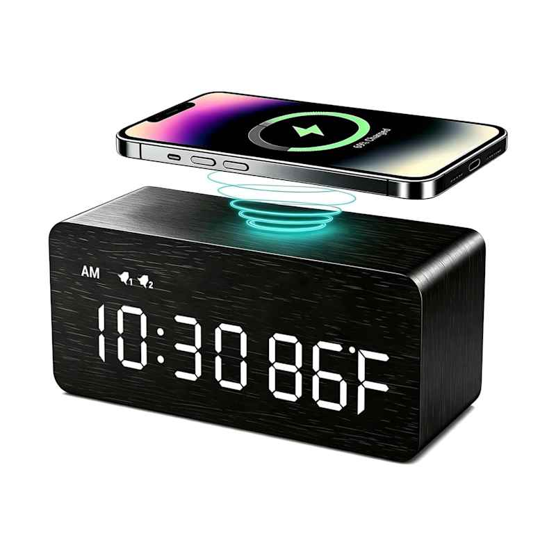 Premium Black Wooden Digital Alarm Clock with Wireless Charging Pad