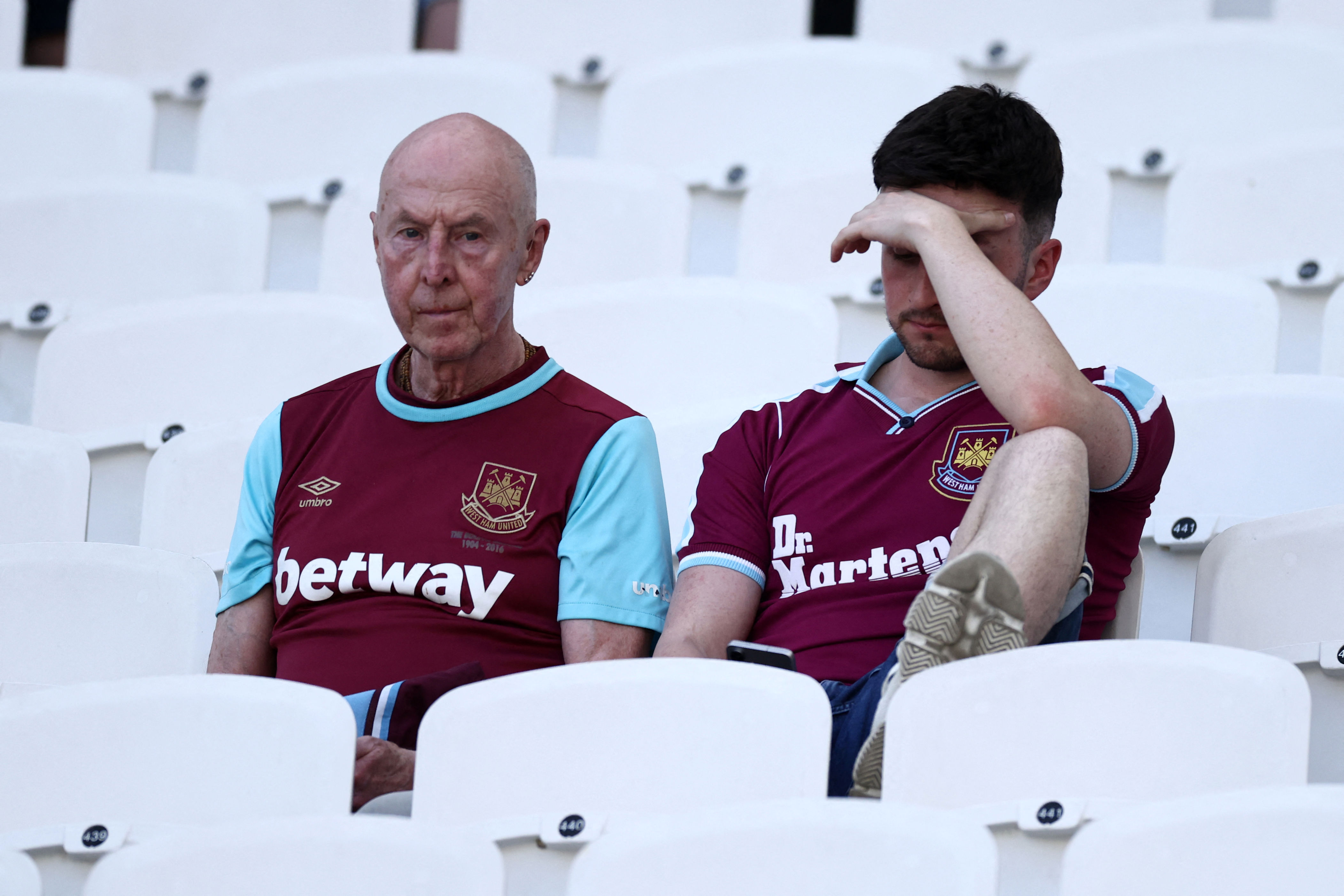 Colouring the white seats claret has been discussed as a way of making the London Stadium feel more like West Ham’s ground (AFP/Getty)