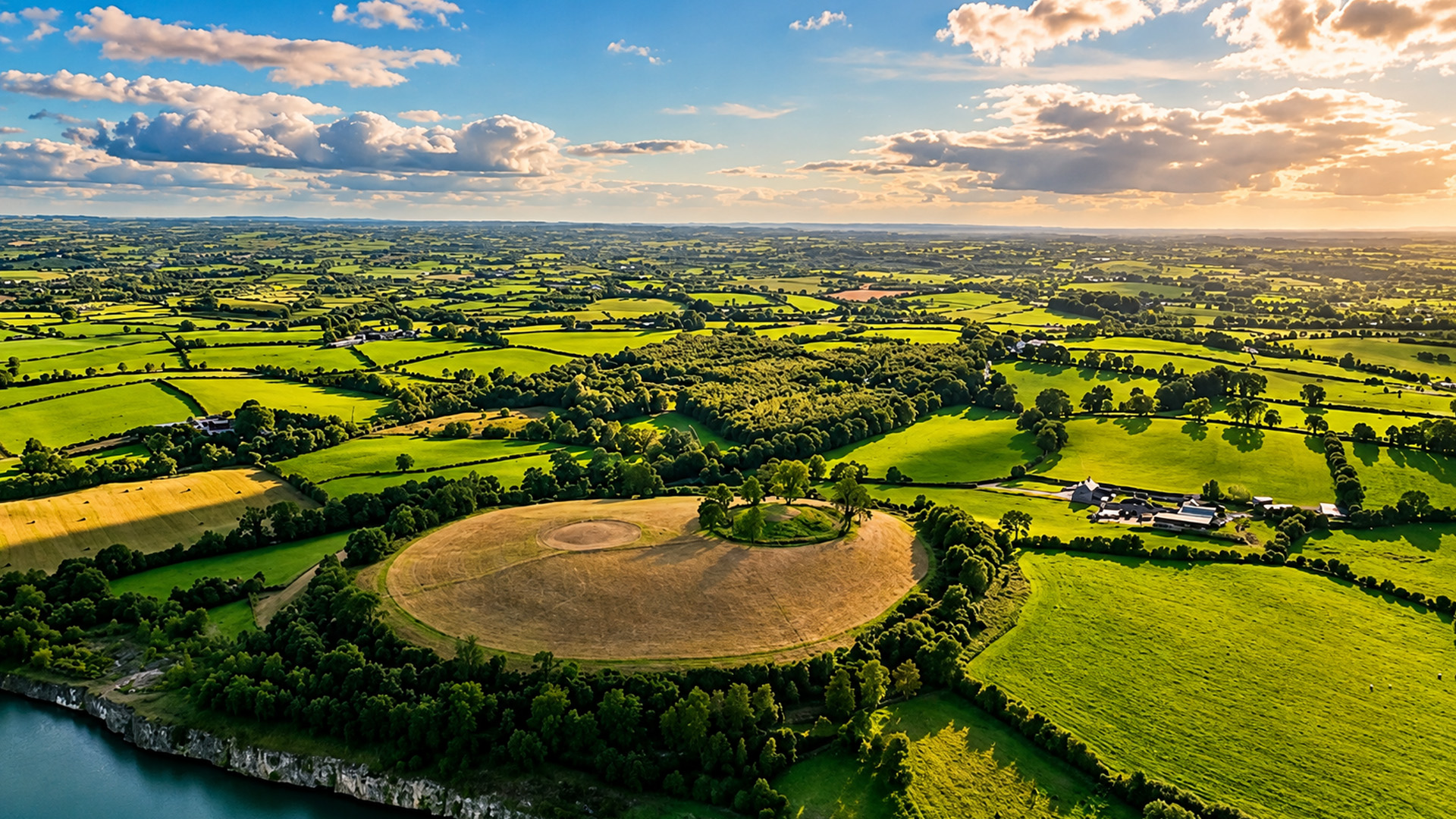 Navan Fort surrounded by green fields and ancient landscape