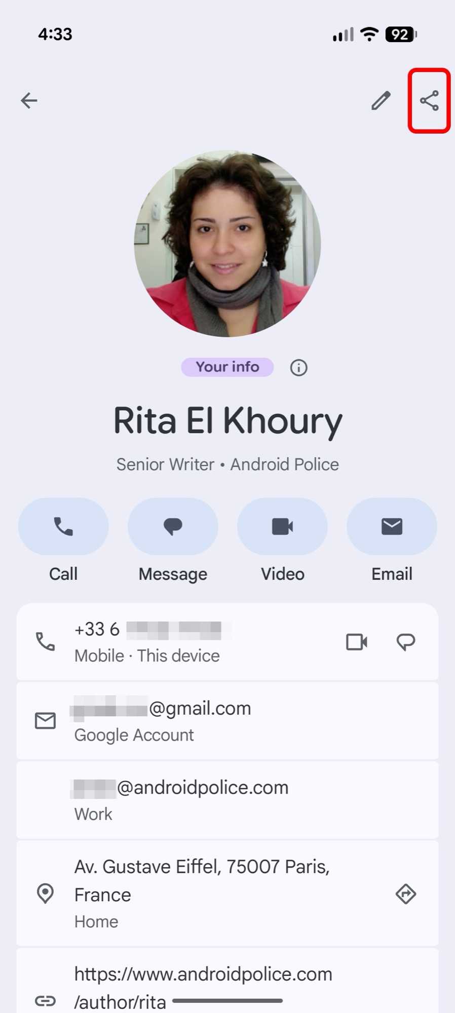 Screenshot of the Google Contacts app showing how to share a filled