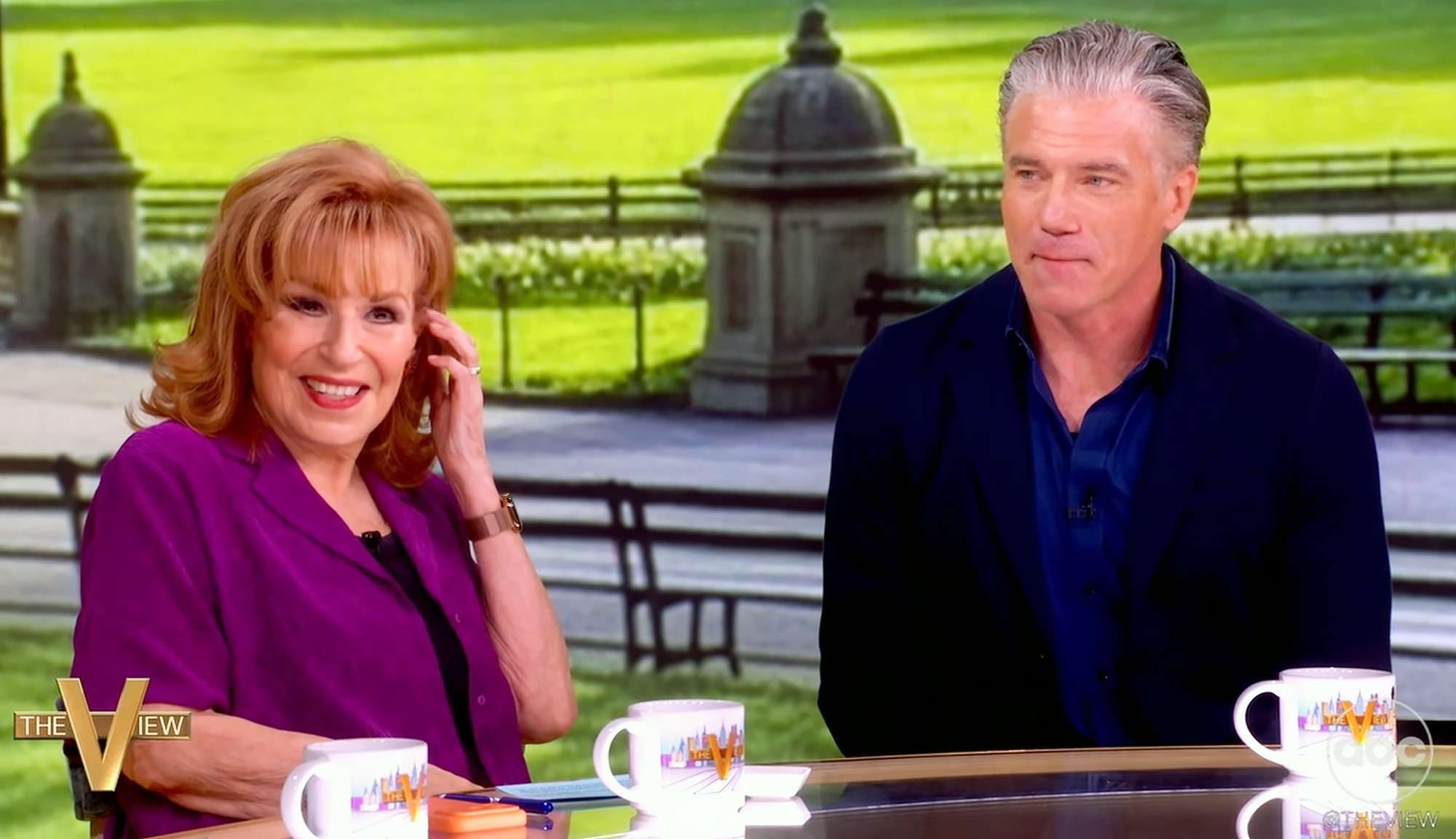 The View’s Joy Behar admits she made sexual joke about Anson Mount’s last name backstage before kissing him on air as actor reacts