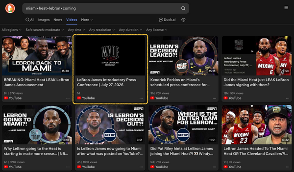 This is a screenshot of a DuckDuckGo search result for videos revealing one link to the Miami Heat YouTube channel with the title