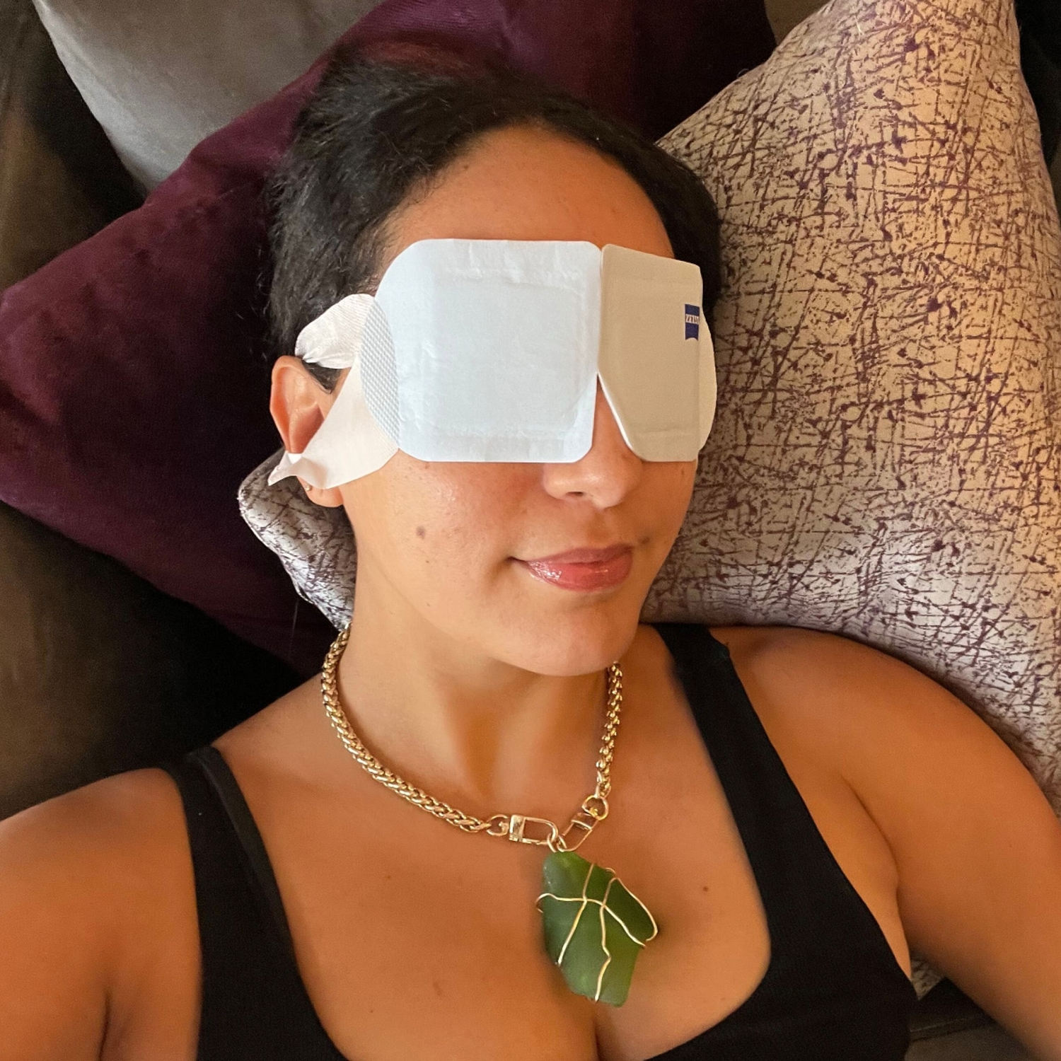 Jannely Espinal tests the Zeiss Dry Eye Relief Warm Eye Mask. (Courtesy of Jannely Espinal)