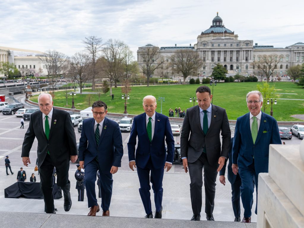Current image: President Joe Biden walks into the U.S. Capitol with Rep. Mike Kelly, House Speaker Mike Johnson, Taoiseach of Ireland Leo Varadkar and Rep. Richard Neal on March 15, 2024