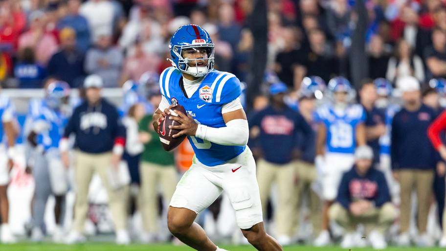 Detailed view of the jersey of Mississippi Rebels quarterback Trinidad Chambliss.