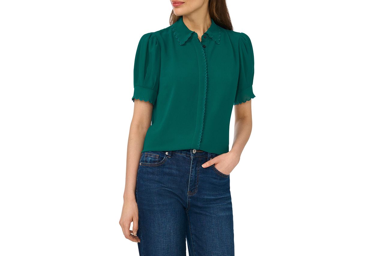 CeCe Scallop Trim Button-Up Shirt