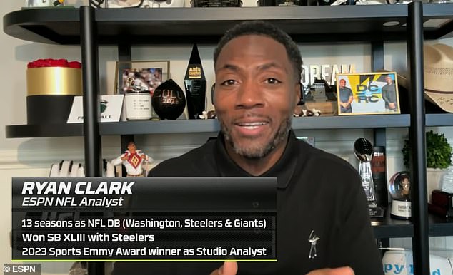 Ryan Clark is pictured during Monday's episode of NFL Live. He was dismissed mid-broadcast