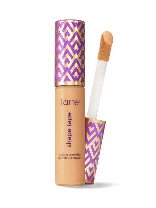 Tarte Shape Tape contour concealer with applicator, featuring signature geometric pattern on the cap