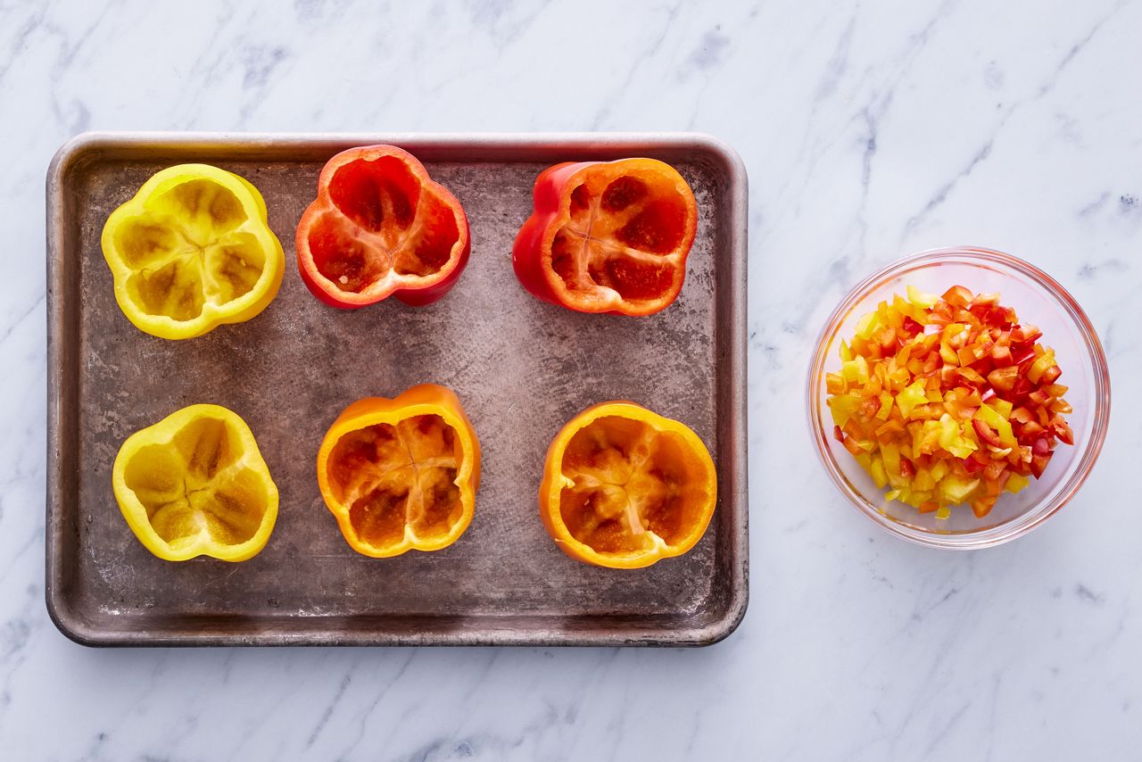 empty bell peppers ready to be filled with ground turkey stuffing