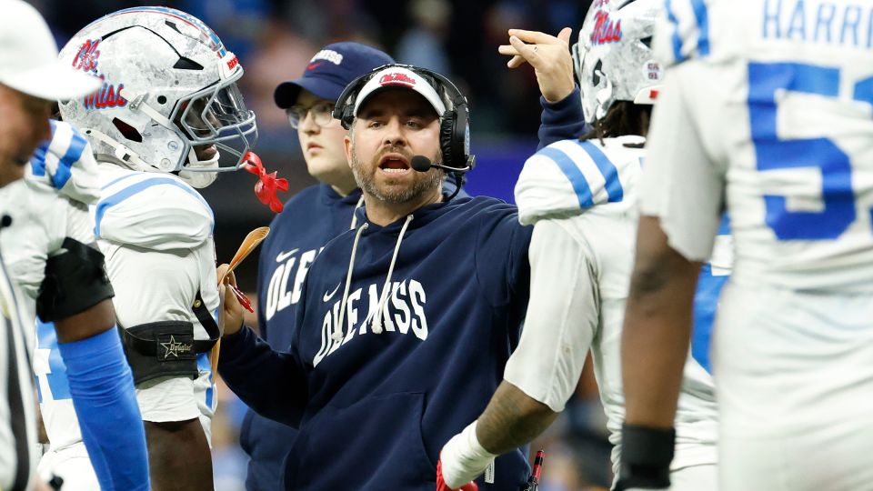 Ole Miss Rebels head coach Pete Golding huddles with players during the second half of the 2026 Sugar Bowl against the Georgia Bulldogs in New Orleans, Louisiana, on January 1. - Amber Searls/Imagn Images/Reuters