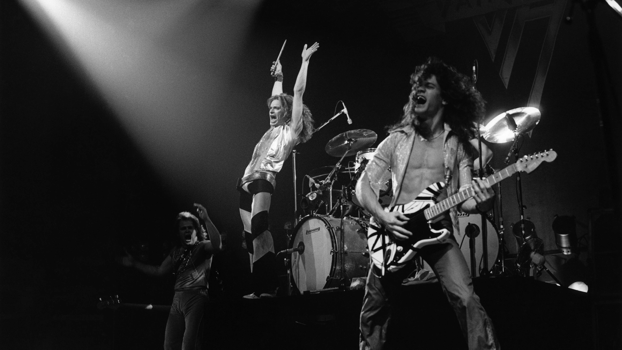 RAINBOW THEATRE Photo of Michael ANTHONY and VAN HALEN and David LEE ROTH and Eddie VAN HALEN, L to R: Michael Anthony, David Lee Roth, Eddie Van Halen performing live onstage