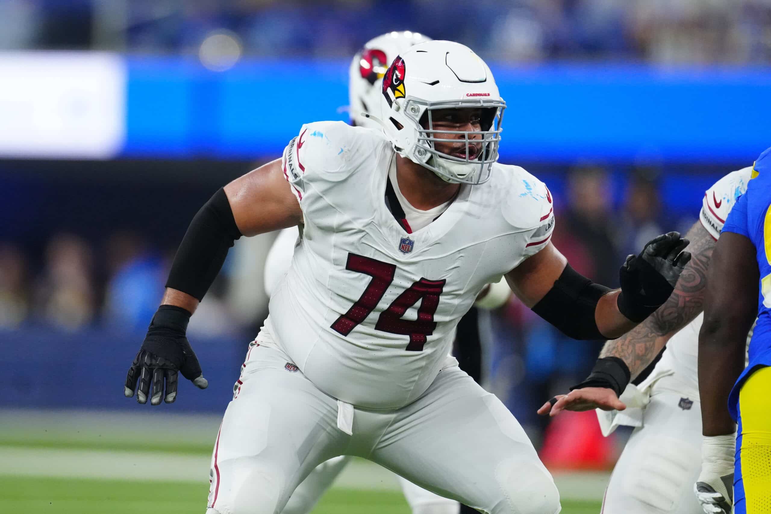 Dec 28, 2024; Inglewood, California, USA; Arizona Cardinals guard Isaiah Adams (74) lines up against the Los Angeles Rams in the second half at SoFi Stadium. Mandatory Credit: Kirby Lee-Imagn Images