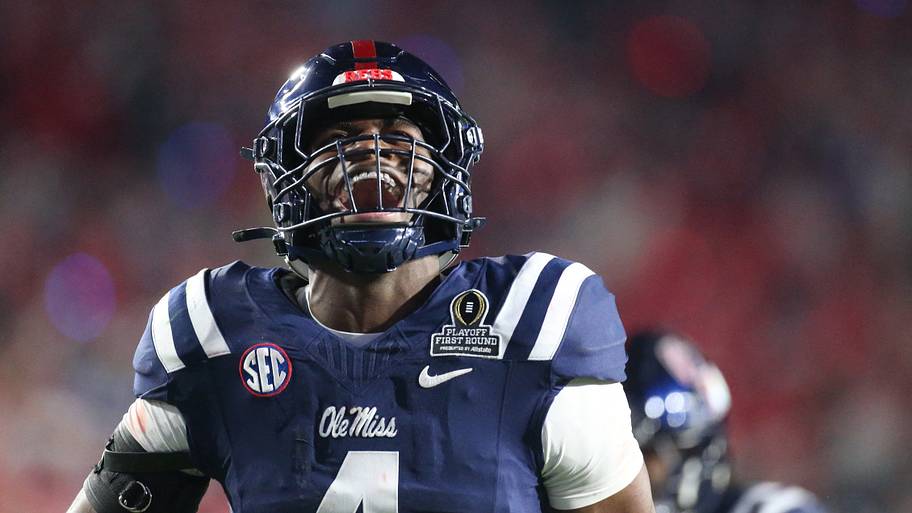 Mississippi Rebels linebacker Suntarine Perkins celebrates a defensive play.