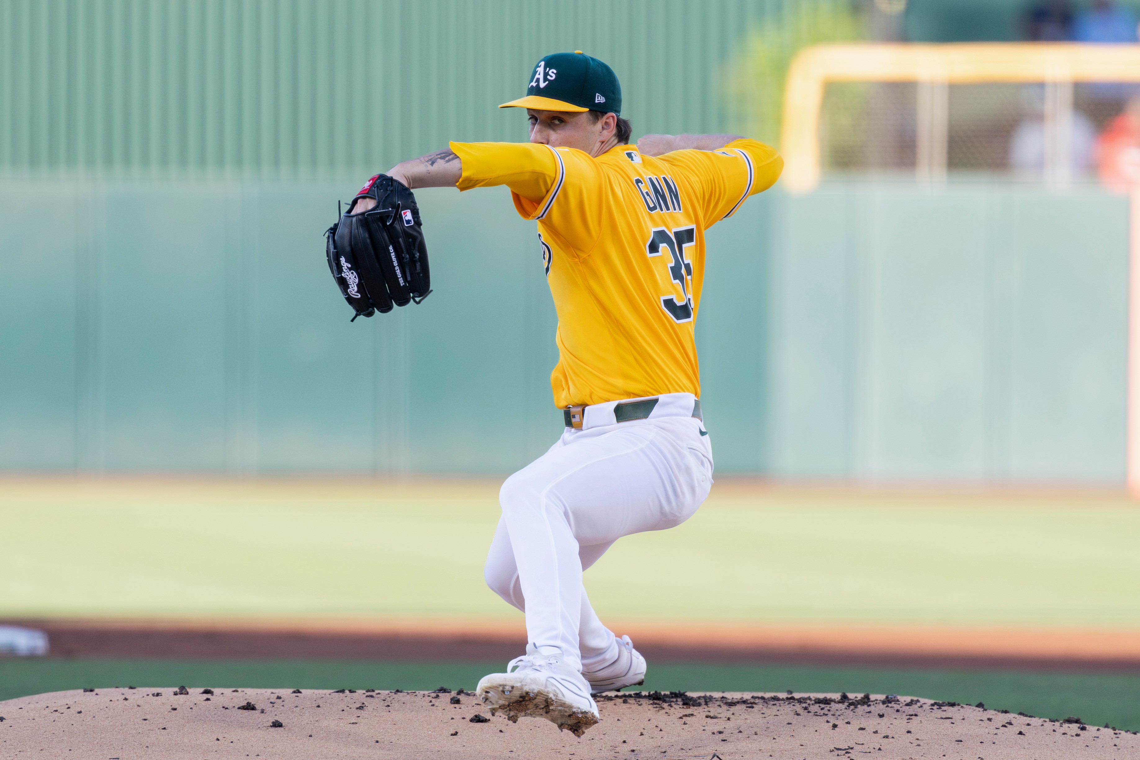 Athletics pitcher J.T. Ginn throws to the Washington Nationals during the first inning of a baseball game Saturday, July 18, 2026, in West Sacramento, Calif. (AP Photo/Sara Nevis)