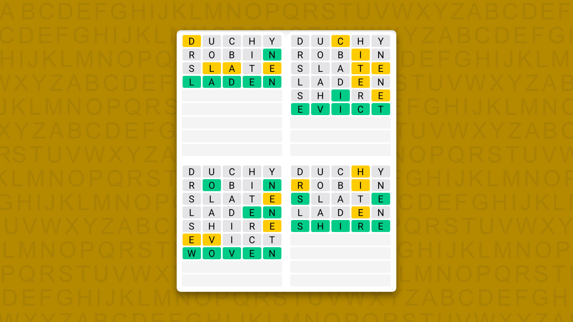 Quordle answers for game 1641 on a yellow background