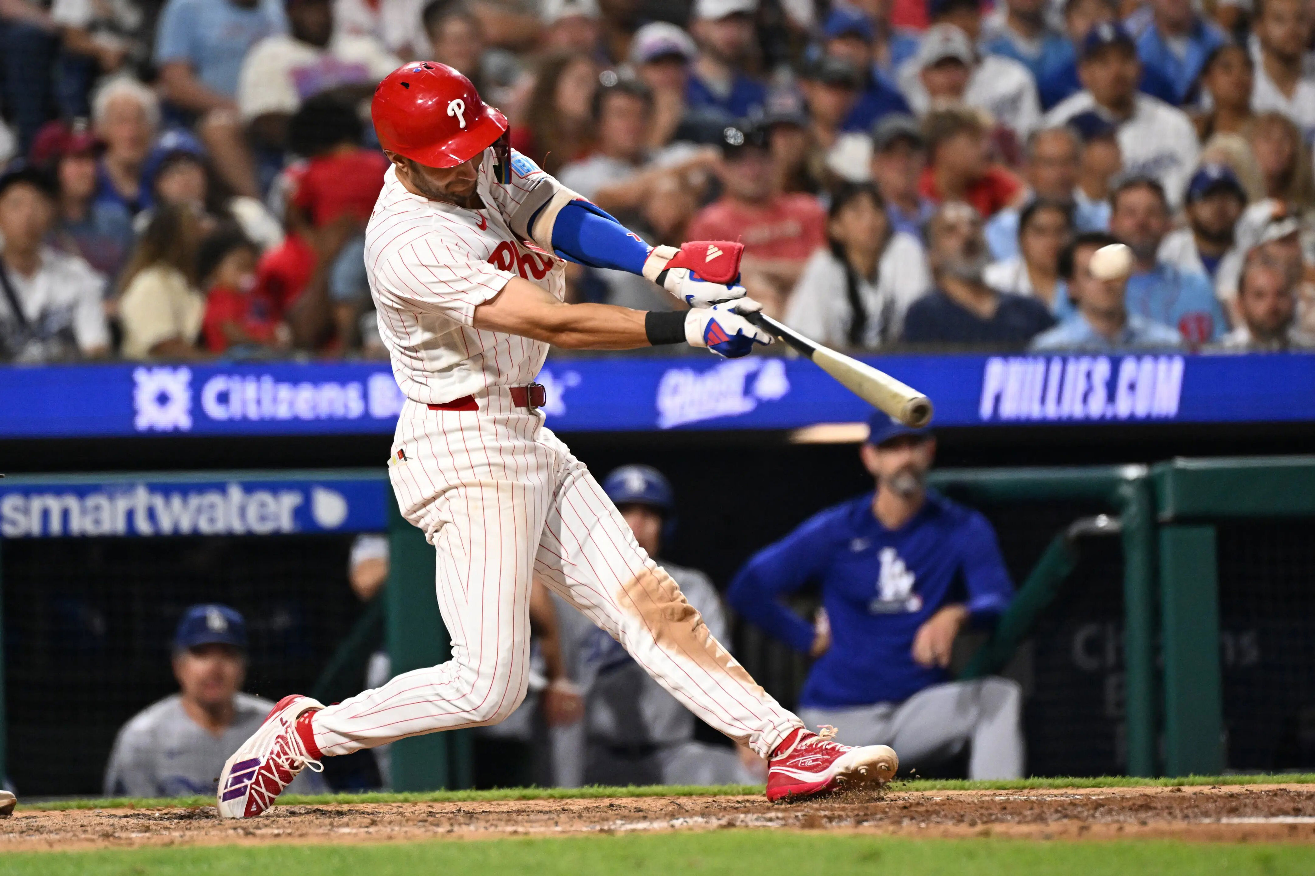 Jul 20, 2026; Philadelphia, Pennsylvania, USA; Philadelphia Phillies shortstop Trea Turner (7) hits a three-run home run during the sixth inning against the Los Angeles Dodgers at Citizens Bank Park. Mandatory Credit: Eric Hartline-Imagn Images
