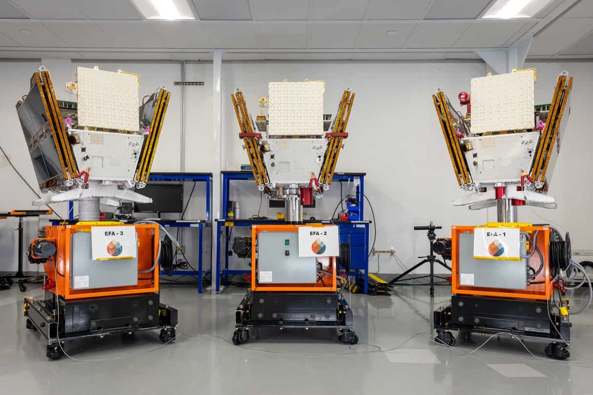 The first three operational FireSats at Muon Space’s facility. Credit: Muon Space