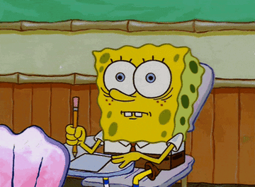 SpongeBob SquarePants sits at a school desk, holding a pencil and pad, looking nervous and startled in a classroom setting