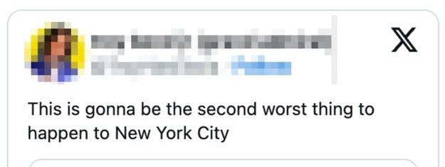 A social media post predicting an event as the second worst thing to happen to New York City