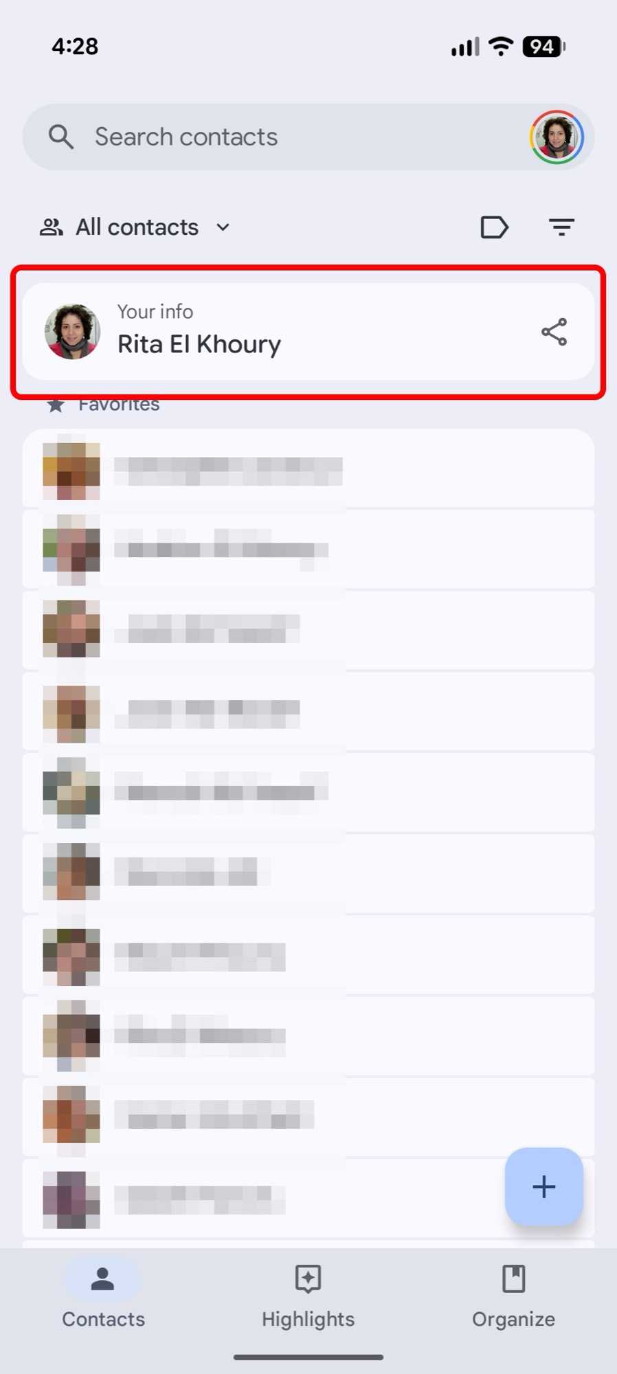 Screenshot of the Google Contacts app showing the new