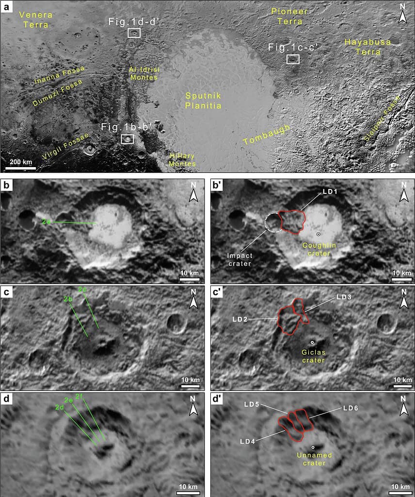 Location of the identified landslides and detailed views of the individual areas: a) general location map; b-b′) landslide LD1 within Coughlin crater; c-c′) landslides LD2 and LD3 within Giclas crater; d-d′) landslides LD4, LD5, and LD6 within an unnamed crater. Credit: Icarus