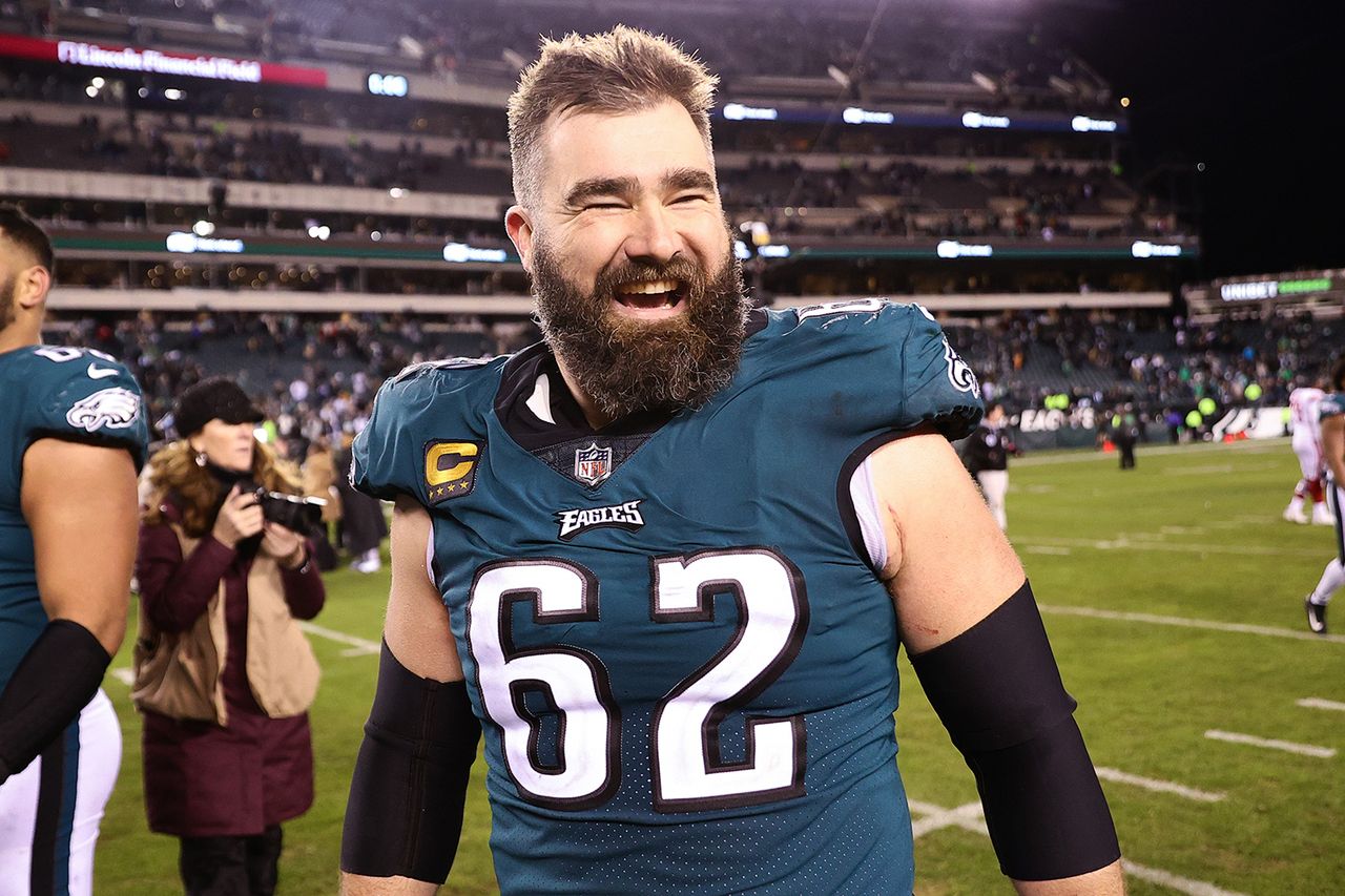 Jason Kelce #62 of the Philadelphia Eagles celebrates on the field after defeating the New York Giants 38-7 in the NFC Divisional Playoff game at Lincoln Financial Field on January 21, 2023