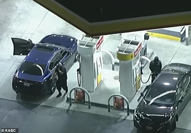 The driver sped off from the gas station and police believe he managed to escape on foot after he ditched the vehicle under and overpass