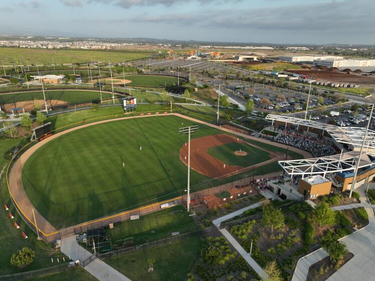 Aerial view of the USC vs Cal baseball game at the Great Park in Irvine on May 3, 2024.