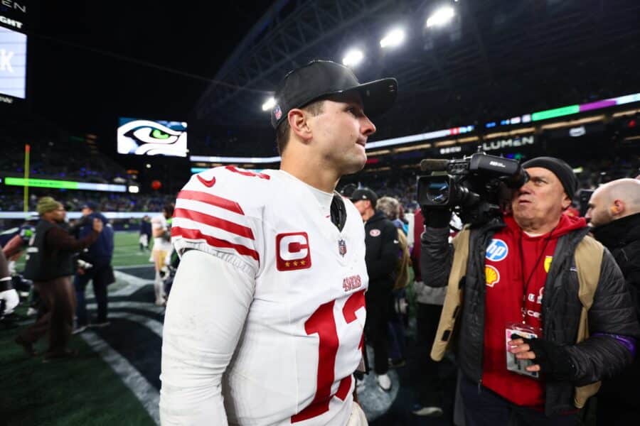 Jan 17, 2026; Seattle, WA, USA; San Francisco 49ers quarterback Brock Purdy (13) leaves the field following an NFC Divisional Round game against the Seattle Seahawks at Lumen Field. Mandatory Credit: Kevin Ng-Imagn Images