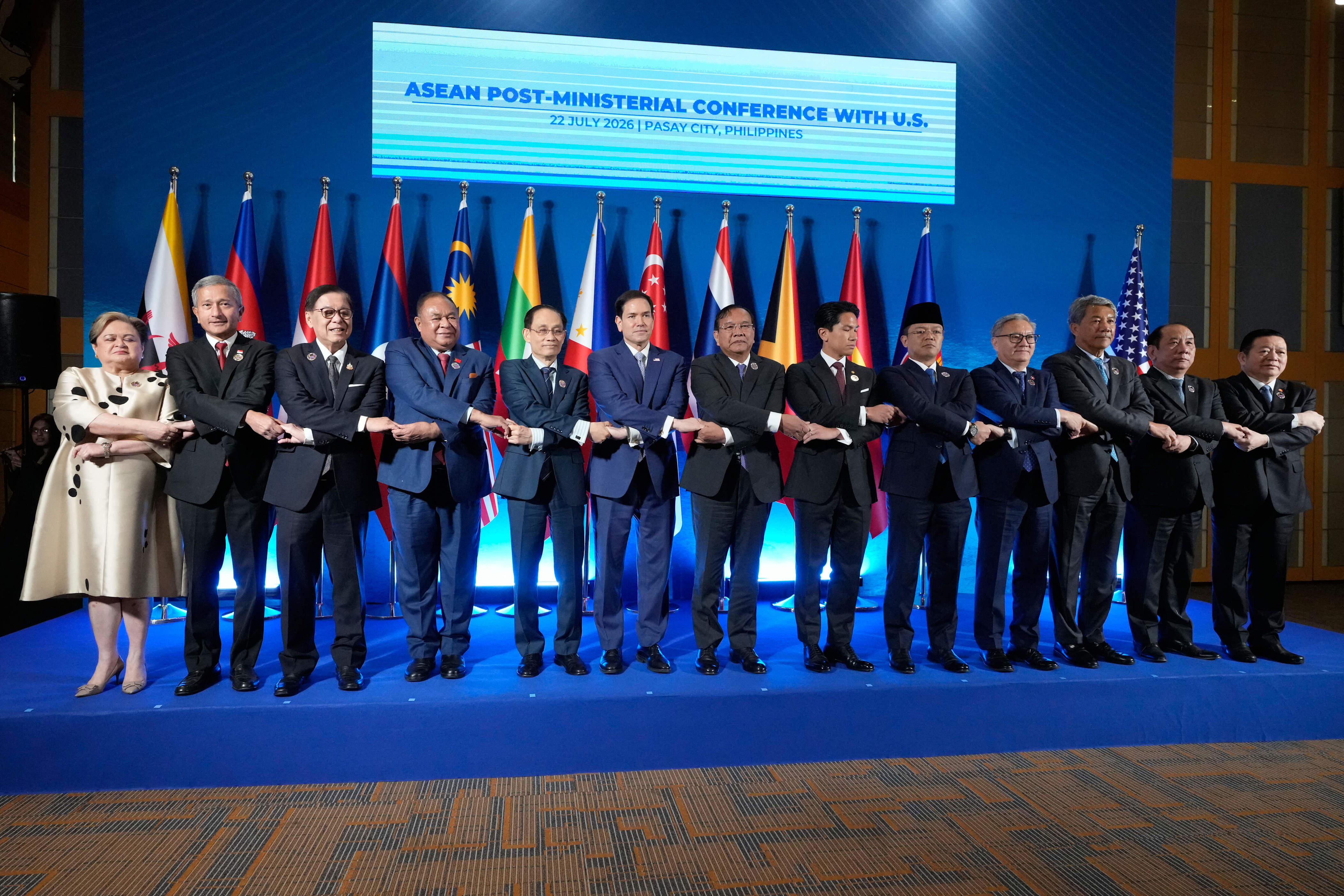 US Secretary of State Marco Rubio (sixth from left) poses for a group photo with ASEAN foreign ministers during the ASEAN Post Ministerial Conference with the United States on the sidelines of the ASEAN Foreign Ministers' Meeting at the Philippine International Convention Center on July 22, 2026 in Pasay, Metro Manila, Philippines (Getty Images)