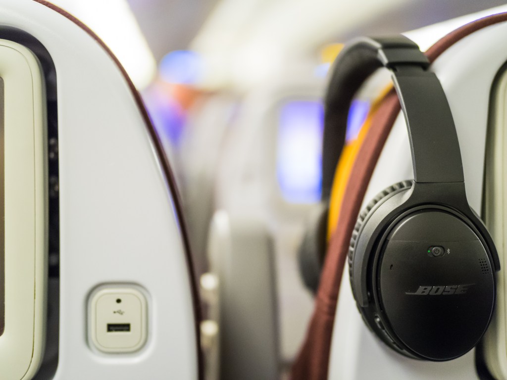 Frankfurt, Germany - Circa November 2016 - Noise cancellation headphones in the airplane
