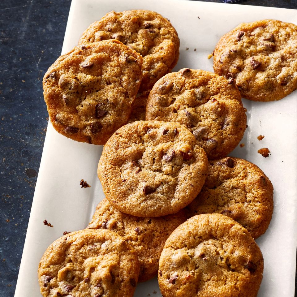 close up view of Air Fryer Chocolate Chip Cookies on a white platter
