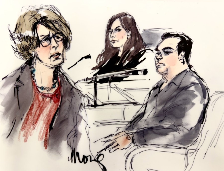 A series of courtroom sketches from the second day of David Burke's preliminary hearing show the defendant seated in court, witnesses testifying at the stand, and an illustration referencing testimony about the discovery of Celeste Rivas Hernandez's identification card in Santa Barbara County.