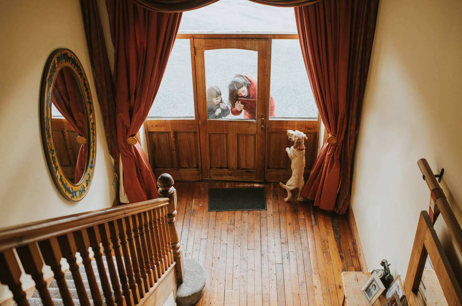 an-excited-dog-jumps-at-the-front-door-to-greet-a-woman-and-a-child