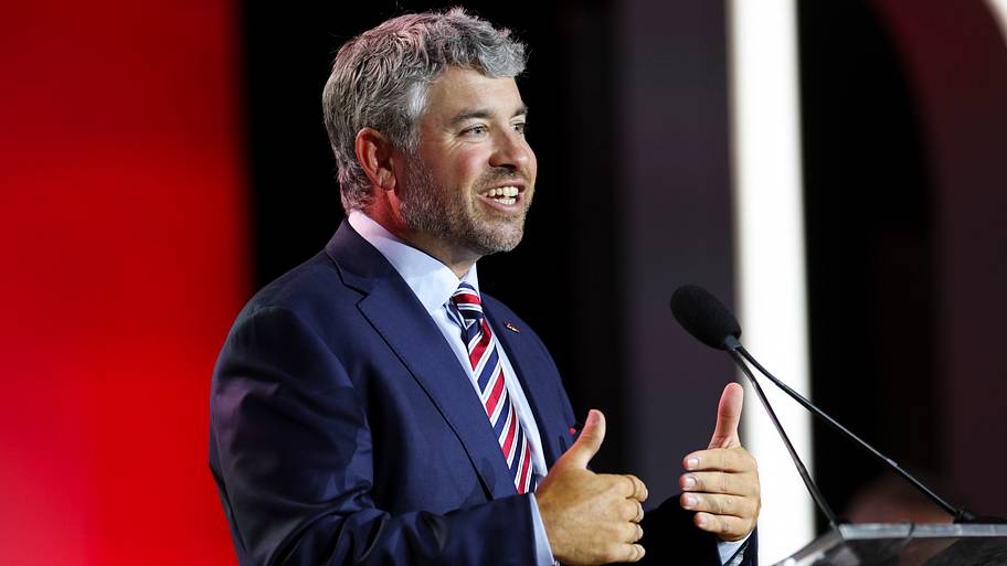 Ole Miss Rebels head coach Pete Golding speaks to the press during SEC Football Kickoff Media Day at the Tampa Marriott.