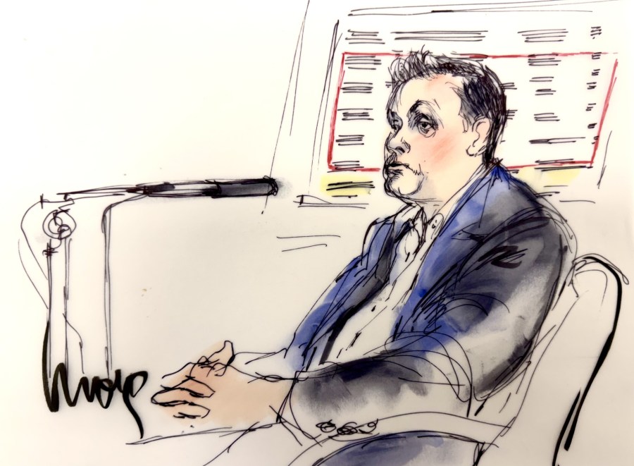 A series of courtroom sketches from the second day of David Burke's preliminary hearing show the defendant seated in court, witnesses testifying at the stand, and an illustration referencing testimony about the discovery of Celeste Rivas Hernandez's identification card in Santa Barbara County.