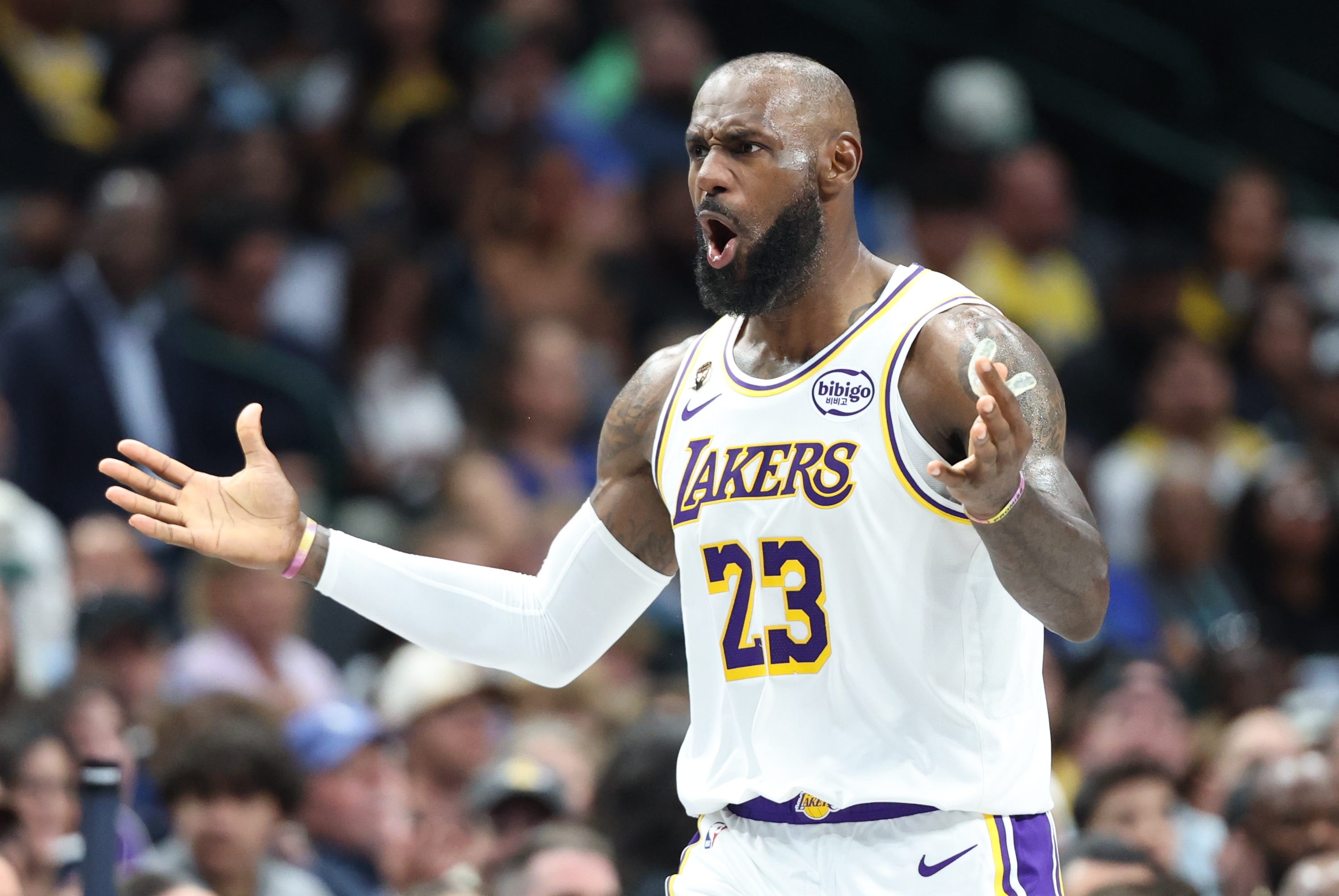Apr 5, 2026; Dallas, Texas, USA; Los Angeles Lakers forward LeBron James (23) reacts against the Dallas Mavericks during the second half at American Airlines Center. Mandatory Credit: Kevin Jairaj-Imagn Images