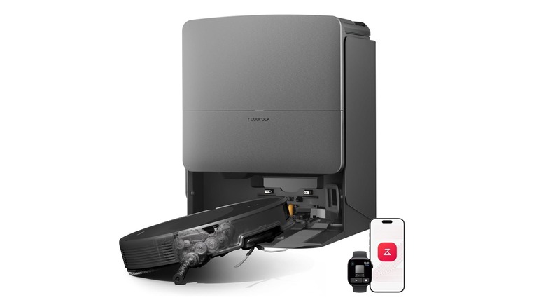 The Roborock Saros 20 robot vacuum and mop with its docking station against a white background.