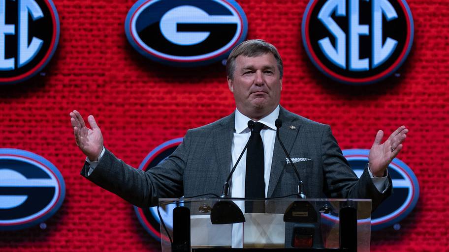 Georgia Head Coach Kirby Smart speaks at the SEC Football Kickoff Media Days.