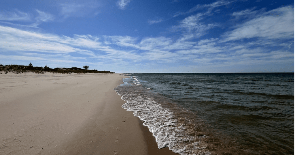 Wide sandy shoreline and blue water at Nordhouse Dunes Wilderness beach in Michigan.