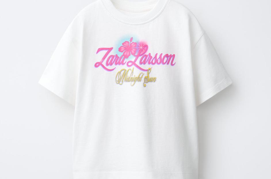 Zara Larsson Midnight Sun white tee with pink and yellow vibrant lettering