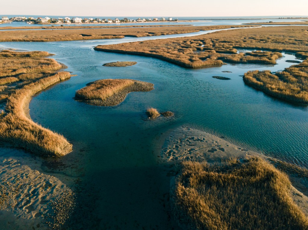 An aerial view of flowing water in grasslands in Murrells Inlet.