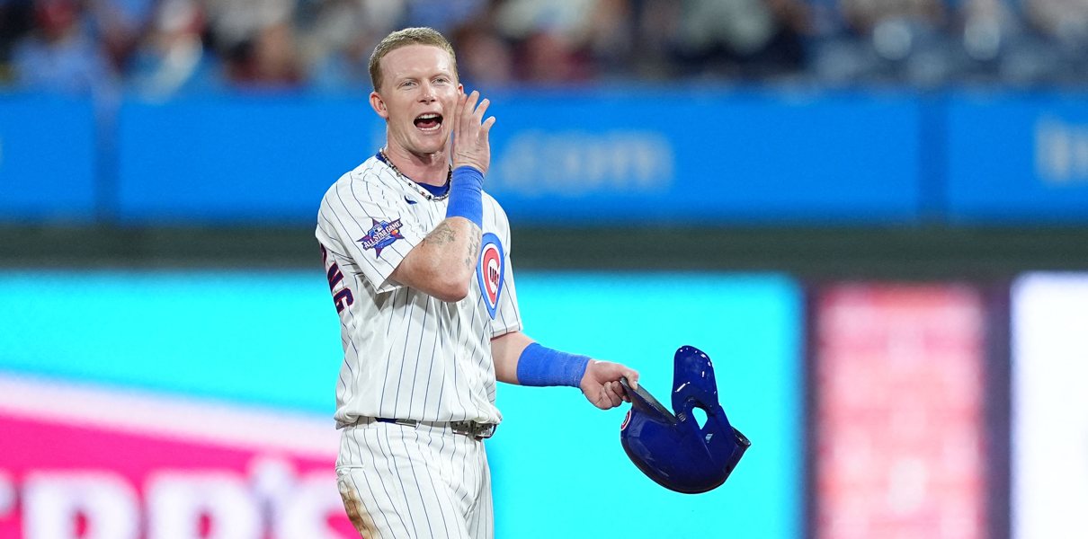 Jul 14, 2026; Philadelphia, Pennsylvania, USA; Chicago Cubs center fielder Pete Crow-Armstrong (4) reacts during the eighth inning for the All-Star Game at Citizens Bank Park. Mandatory Credit: Kyle Ross – Imagn Images