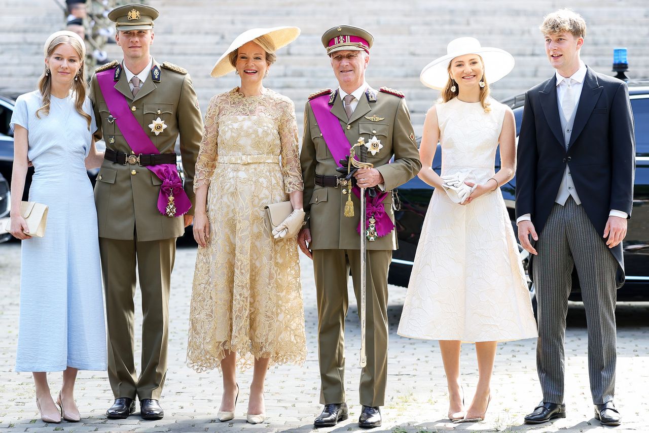 Princess Eléonore of Belgium, Prince Gabriel of Belgium, Queen Mathilde of Belgium, King Philippe of Belgium, Princess Elisabeth of Belgium and Prince Emmanuel of Belgium leave the Te Deum during the Belgium's National Day on July 21, 2026 in Brussels, Belgium