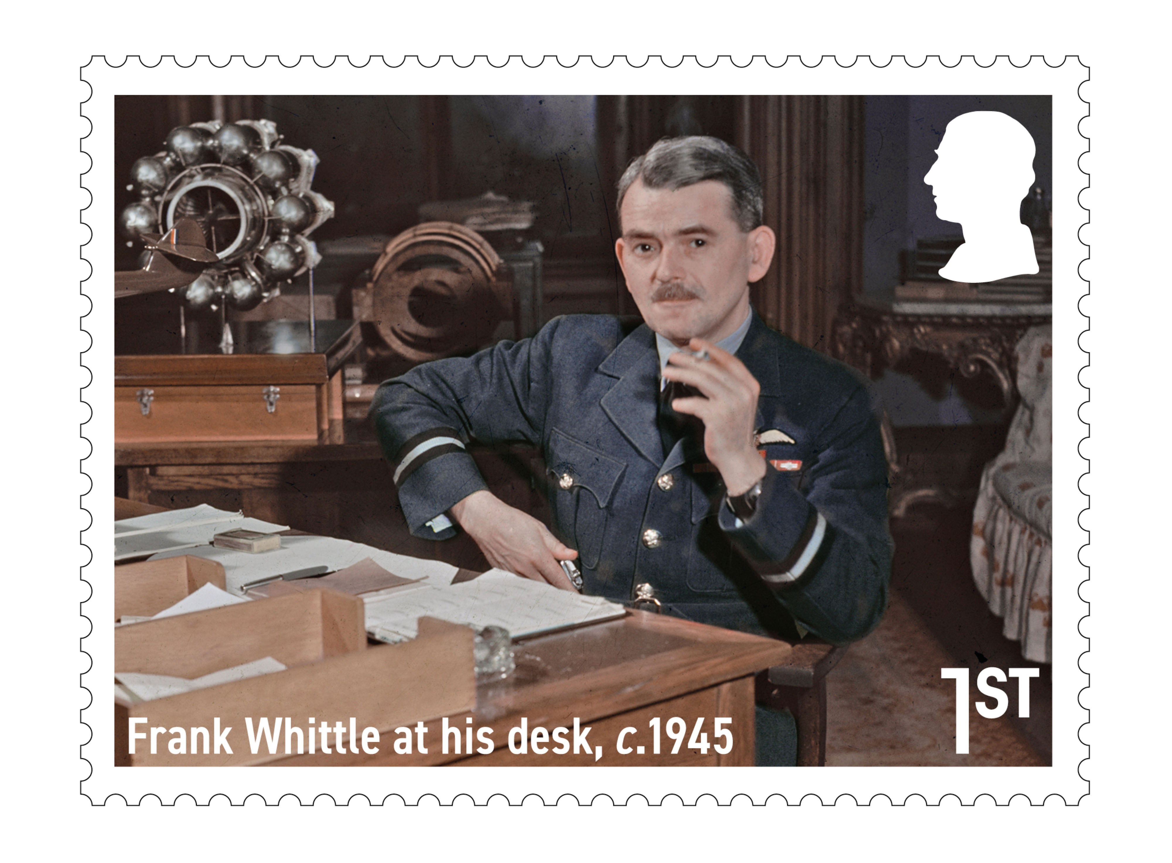 Sir Frank Whittle at his desk features on one of the stamps (Royal Mail/PA) (PA Media)