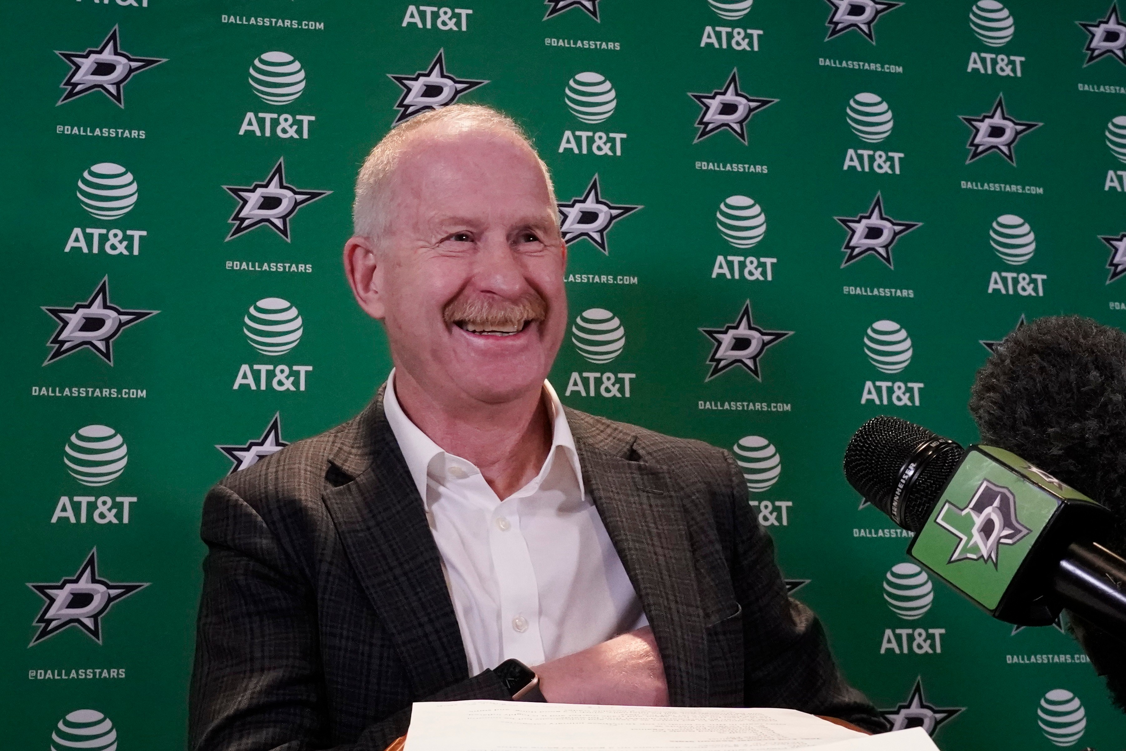 FILE - Dallas Stars manager Jim Nill smiles before speaking to reporters during a news conference at the NHL hockey team's practice facility in Frisco, Texas, June 8, 2023. (AP Photo/LM Otero, File)